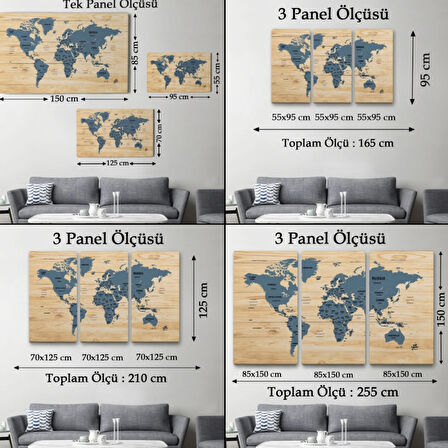 Ülke Başkentli Ahşap Görünümlü İngilizce Dünya Haritası Dekoratif Kanvas Tablo, Duvar Dekoru 1843