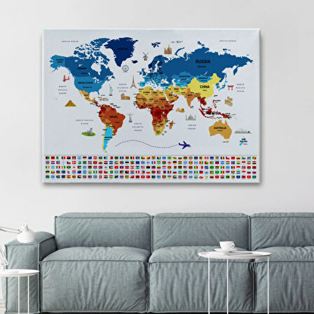 Ülke Başkentli ve Bayraklı İngilizce Dünya Haritası Dekoratif Kanvas Tablo, Duvar Dekoru 1899