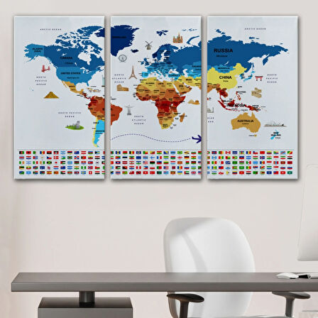 Ülke Başkentli ve Bayraklı İngilizce Dünya Haritası Dekoratif Kanvas Tablo, Duvar Dekoru 1899