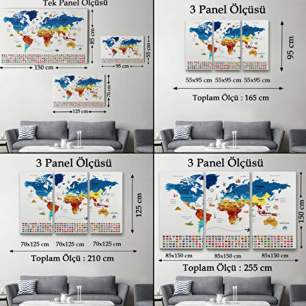 Ülke Başkentli ve Bayraklı İngilizce Dünya Haritası Dekoratif Kanvas Tablo, Duvar Dekoru 1899