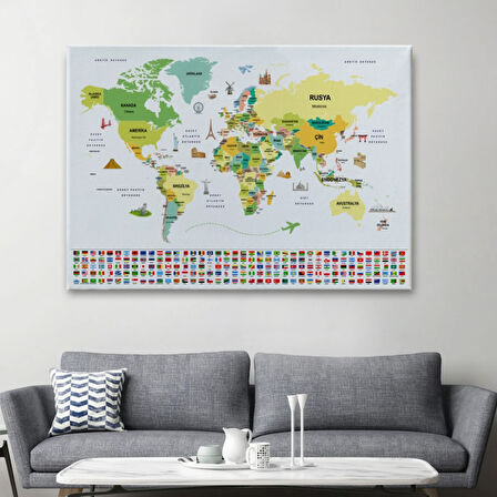 Ülke Başkentli ve Bayraklı Türkçe Dünya Haritası Dekoratif Kanvas Tablo, Duvar Dekoru 1914