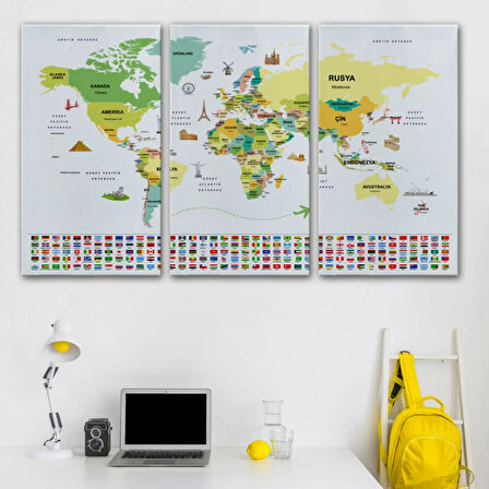 Ülke Başkentli ve Bayraklı Türkçe Dünya Haritası Dekoratif Kanvas Tablo, Duvar Dekoru 1914