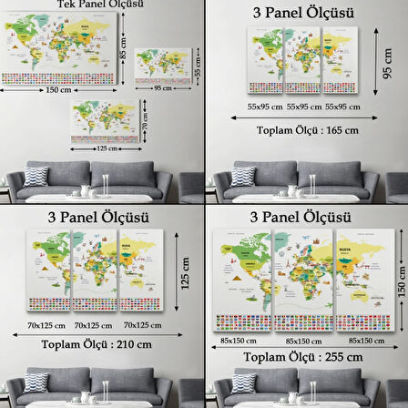 Ülke Başkentli ve Bayraklı Türkçe Dünya Haritası Dekoratif Kanvas Tablo, Duvar Dekoru 1914