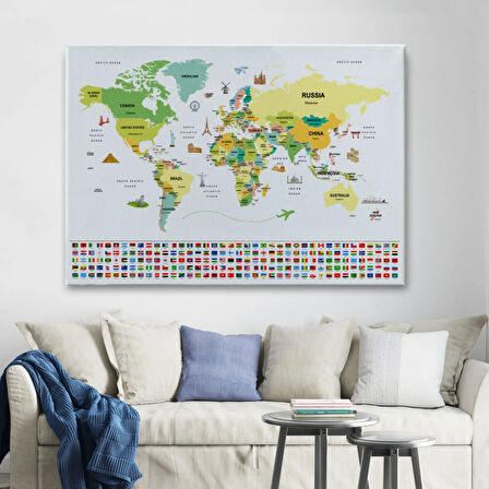 Ülke Başkentli ve Bayraklı İngilizce Dünya Haritası Dekoratif Kanvas Tablo, Duvar Dekoru 1915