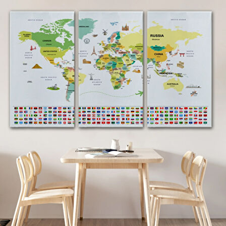 Ülke Başkentli ve Bayraklı İngilizce Dünya Haritası Dekoratif Kanvas Tablo, Duvar Dekoru 1915