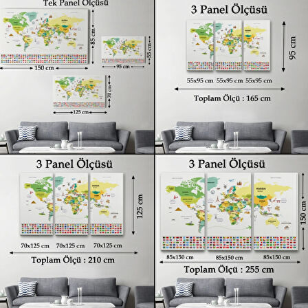 Ülke Başkentli ve Bayraklı İngilizce Dünya Haritası Dekoratif Kanvas Tablo, Duvar Dekoru 1915