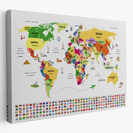 Ülke Başkentli ve Bayraklı Türkçe Dünya Haritası Dekoratif Kanvas Tablo, Duvar Dekoru 1918