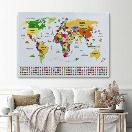 Ülke Başkentli ve Bayraklı Türkçe Dünya Haritası Dekoratif Kanvas Tablo, Duvar Dekoru 1918