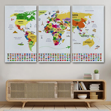 Ülke Başkentli ve Bayraklı Türkçe Dünya Haritası Dekoratif Kanvas Tablo, Duvar Dekoru 1918