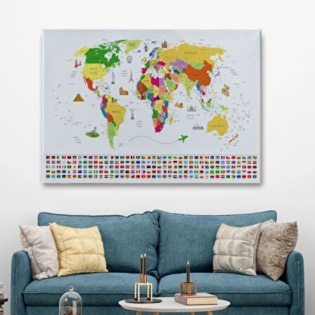 Ülke Başkentli ve Bayraklı İngilizce Dünya Haritası Dekoratif Kanvas Tablo, Duvar Dekoru 1919