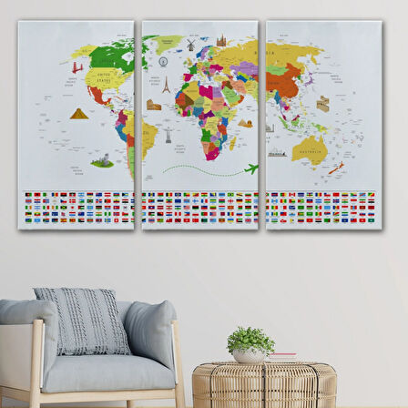 Ülke Başkentli ve Bayraklı İngilizce Dünya Haritası Dekoratif Kanvas Tablo, Duvar Dekoru 1919