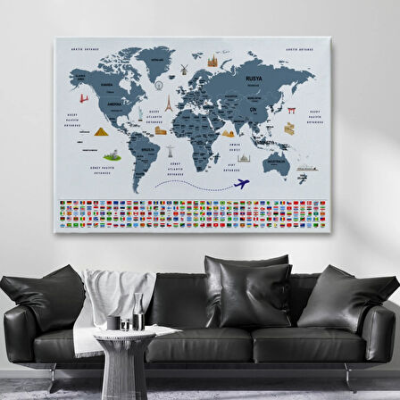 Ülke Başkentli ve Bayraklı Türkçe Dünya Haritası Dekoratif Kanvas Tablo, Duvar Dekoru 1920