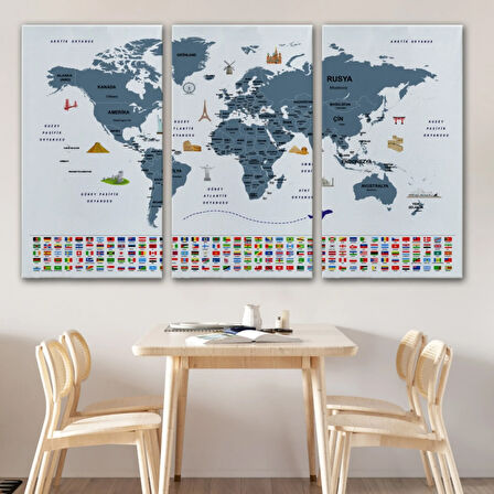 Ülke Başkentli ve Bayraklı Türkçe Dünya Haritası Dekoratif Kanvas Tablo, Duvar Dekoru 1920