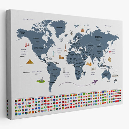 Ülke Başkentli ve Bayraklı İngilizce Dünya Haritası Dekoratif Kanvas Tablo, Duvar Dekoru 1921