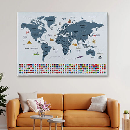 Ülke Başkentli ve Bayraklı İngilizce Dünya Haritası Dekoratif Kanvas Tablo, Duvar Dekoru 1921