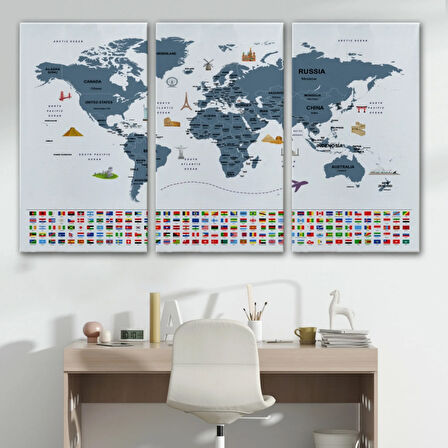 Ülke Başkentli ve Bayraklı İngilizce Dünya Haritası Dekoratif Kanvas Tablo, Duvar Dekoru 1921