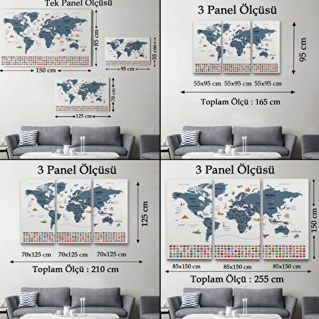 Ülke Başkentli ve Bayraklı İngilizce Dünya Haritası Dekoratif Kanvas Tablo, Duvar Dekoru 1921