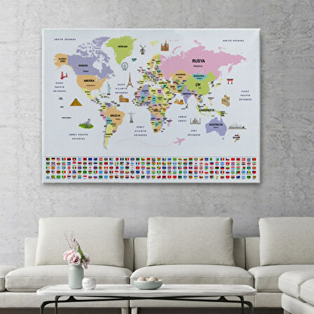 Ülke Başkentli ve Bayraklı Türkçe Dünya Haritası Dekoratif Kanvas Tablo, Duvar Dekoru 1924