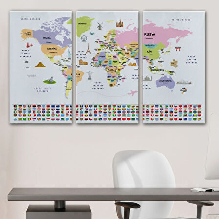 Ülke Başkentli ve Bayraklı Türkçe Dünya Haritası Dekoratif Kanvas Tablo, Duvar Dekoru 1924