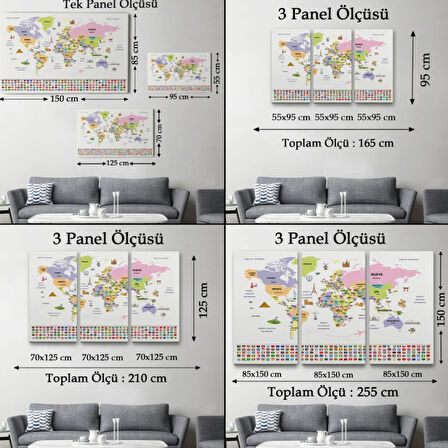Ülke Başkentli ve Bayraklı Türkçe Dünya Haritası Dekoratif Kanvas Tablo, Duvar Dekoru 1924