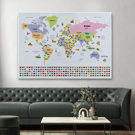 Ülke Başkentli ve Bayraklı İngilizce Dünya Haritası Dekoratif Kanvas Tablo, Duvar Dekoru 1925