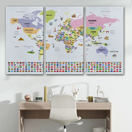 Ülke Başkentli ve Bayraklı İngilizce Dünya Haritası Dekoratif Kanvas Tablo, Duvar Dekoru 1925