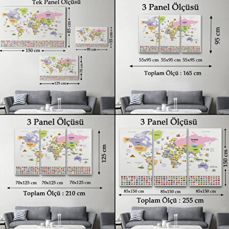 Ülke Başkentli ve Bayraklı İngilizce Dünya Haritası Dekoratif Kanvas Tablo, Duvar Dekoru 1925