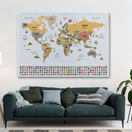 Ülke Başkentli ve Bayraklı Türkçe Dünya Haritası Dekoratif Kanvas Tablo, Duvar Dekoru 1934