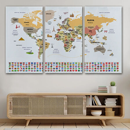 Ülke Başkentli ve Bayraklı Türkçe Dünya Haritası Dekoratif Kanvas Tablo, Duvar Dekoru 1934