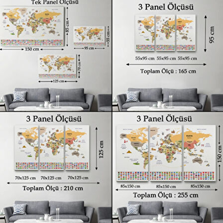 Ülke Başkentli ve Bayraklı Türkçe Dünya Haritası Dekoratif Kanvas Tablo, Duvar Dekoru 1934