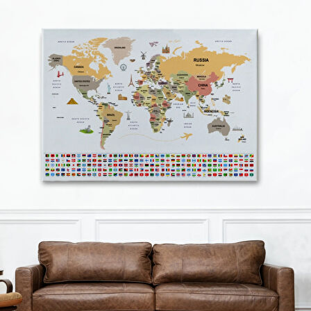 Ülke Başkentli ve Bayraklı İngilizce Dünya Haritası Dekoratif Kanvas Tablo, Duvar Dekoru 1935