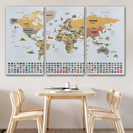 Ülke Başkentli ve Bayraklı İngilizce Dünya Haritası Dekoratif Kanvas Tablo, Duvar Dekoru 1935