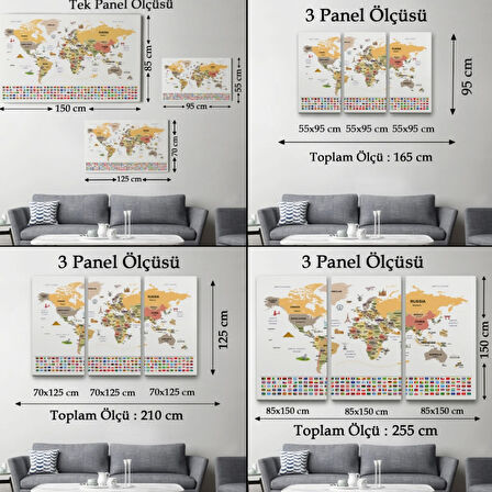 Ülke Başkentli ve Bayraklı İngilizce Dünya Haritası Dekoratif Kanvas Tablo, Duvar Dekoru 1935