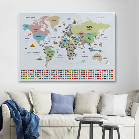 Ünlü Yerler, Ülke Bayrakları, Türkçe Dünya Haritası Dekoratif Kanvas Tablo, Duvar Dekoru 1938