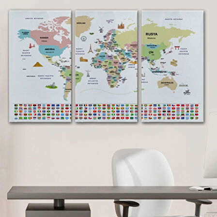 Ünlü Yerler, Ülke Bayrakları, Türkçe Dünya Haritası Dekoratif Kanvas Tablo, Duvar Dekoru 1938