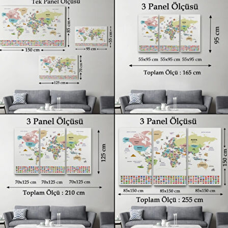 Ünlü Yerler, Ülke Bayrakları, Türkçe Dünya Haritası Dekoratif Kanvas Tablo, Duvar Dekoru 1938