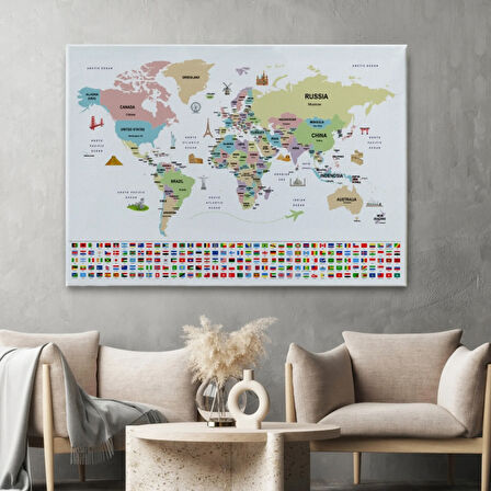 Ülke Başkentli ve Bayraklı İngilizce Dünya Haritası Dekoratif Kanvas Tablo, Duvar Dekoru 1939