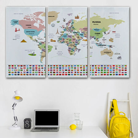 Ülke Başkentli ve Bayraklı İngilizce Dünya Haritası Dekoratif Kanvas Tablo, Duvar Dekoru 1939