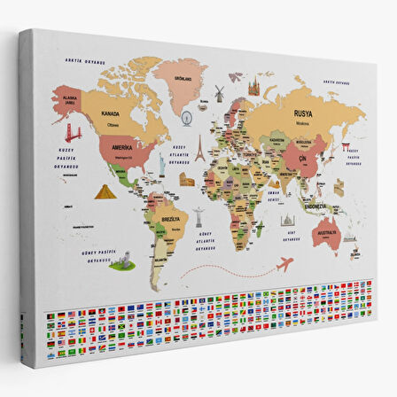 Ülke Başkentli ve Bayraklı Türkçe Dünya Haritası Dekoratif Kanvas Tablo, Duvar Dekoru 1940