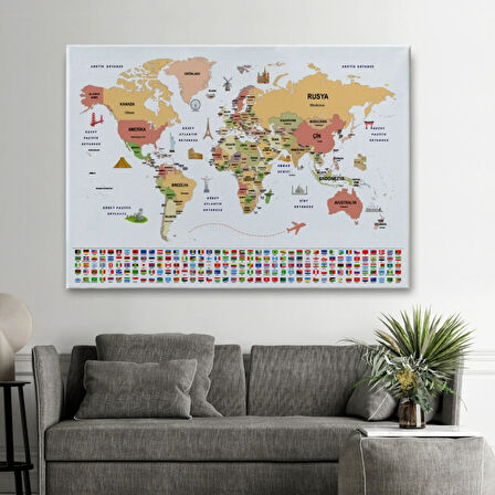 Ülke Başkentli ve Bayraklı Türkçe Dünya Haritası Dekoratif Kanvas Tablo, Duvar Dekoru 1940