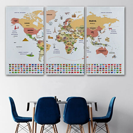 Ülke Başkentli ve Bayraklı Türkçe Dünya Haritası Dekoratif Kanvas Tablo, Duvar Dekoru 1940