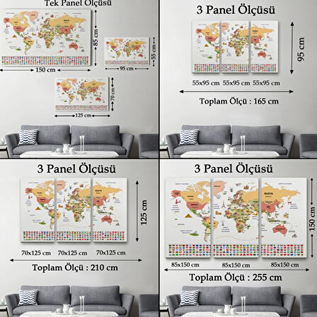 Ülke Başkentli ve Bayraklı Türkçe Dünya Haritası Dekoratif Kanvas Tablo, Duvar Dekoru 1940