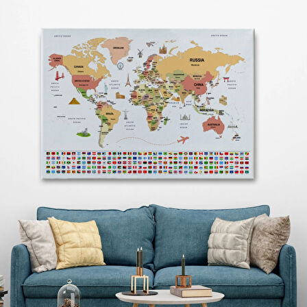 Ülke Başkentli ve Bayraklı İngilizce Dünya Haritası Dekoratif Kanvas Tablo, Duvar Dekoru 1941