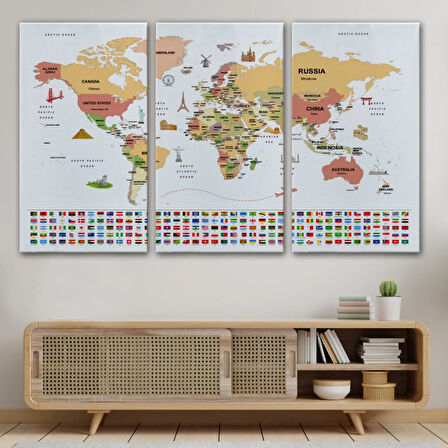 Ülke Başkentli ve Bayraklı İngilizce Dünya Haritası Dekoratif Kanvas Tablo, Duvar Dekoru 1941