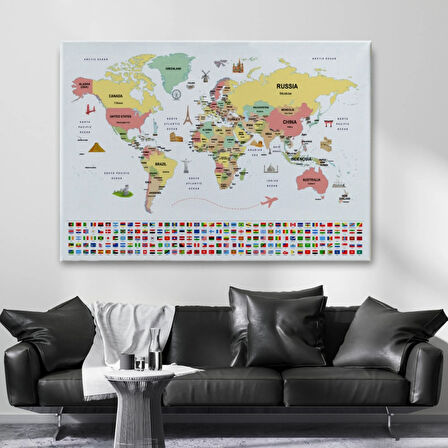 Ülke Başkentli ve Bayraklı İngilizce Dünya Haritası Dekoratif Kanvas Tablo, Duvar Dekoru 1945