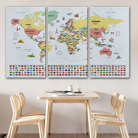 Ülke Başkentli ve Bayraklı İngilizce Dünya Haritası Dekoratif Kanvas Tablo, Duvar Dekoru 1945