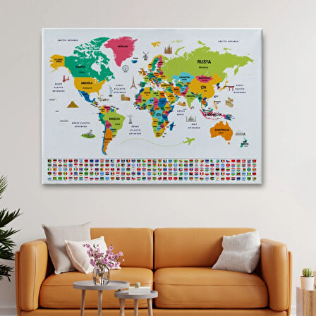 Ünlü Yerler, Ülke Bayrakları, Türkçe Dünya Haritası Dekoratif Kanvas Tablo, Duvar Dekoru 1950