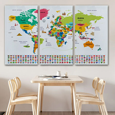 Ünlü Yerler, Ülke Bayrakları, Türkçe Dünya Haritası Dekoratif Kanvas Tablo, Duvar Dekoru 1950