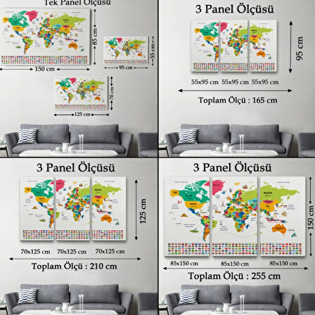 Ünlü Yerler, Ülke Bayrakları, Türkçe Dünya Haritası Dekoratif Kanvas Tablo, Duvar Dekoru 1950