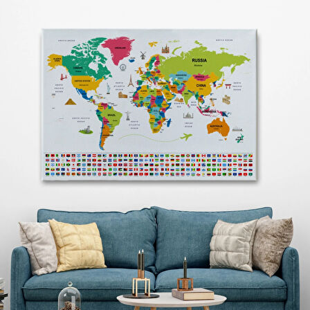 Ülke Başkentli ve Bayraklı İngilizce Dünya Haritası Dekoratif Kanvas Tablo, Duvar Dekoru 1951